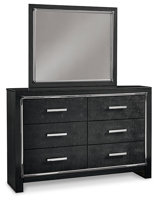 Kaydell King Upholstered Panel Headboard with Mirrored Dresser, Chest and Nightstand