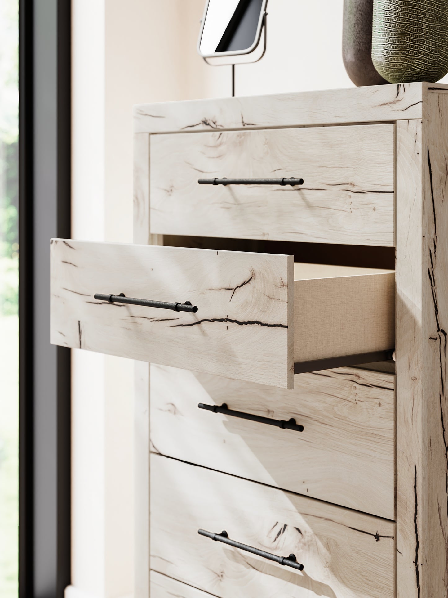 Lawroy Queen Panel Bed with Mirrored Dresser and Chest