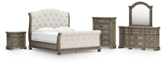 Ardenfield California King Upholstered Sleigh Bed with Mirrored Dresser, Chest and Nightstand
