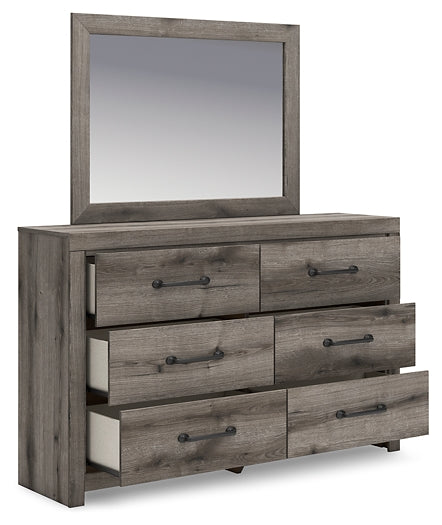 Graystorm Queen Panel Bed with Mirrored Dresser and Chest