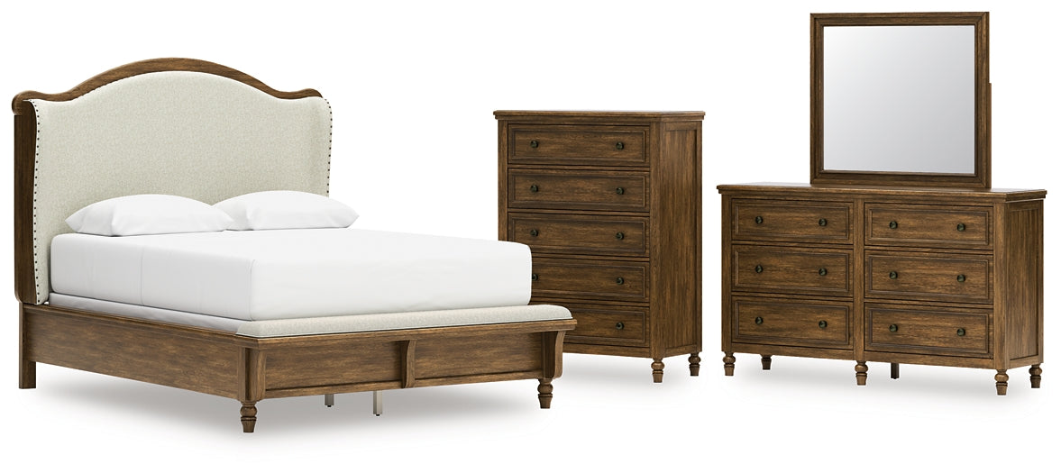 Sturlayne Queen Upholstered Panel Bed with Mirrored Dresser and Chest