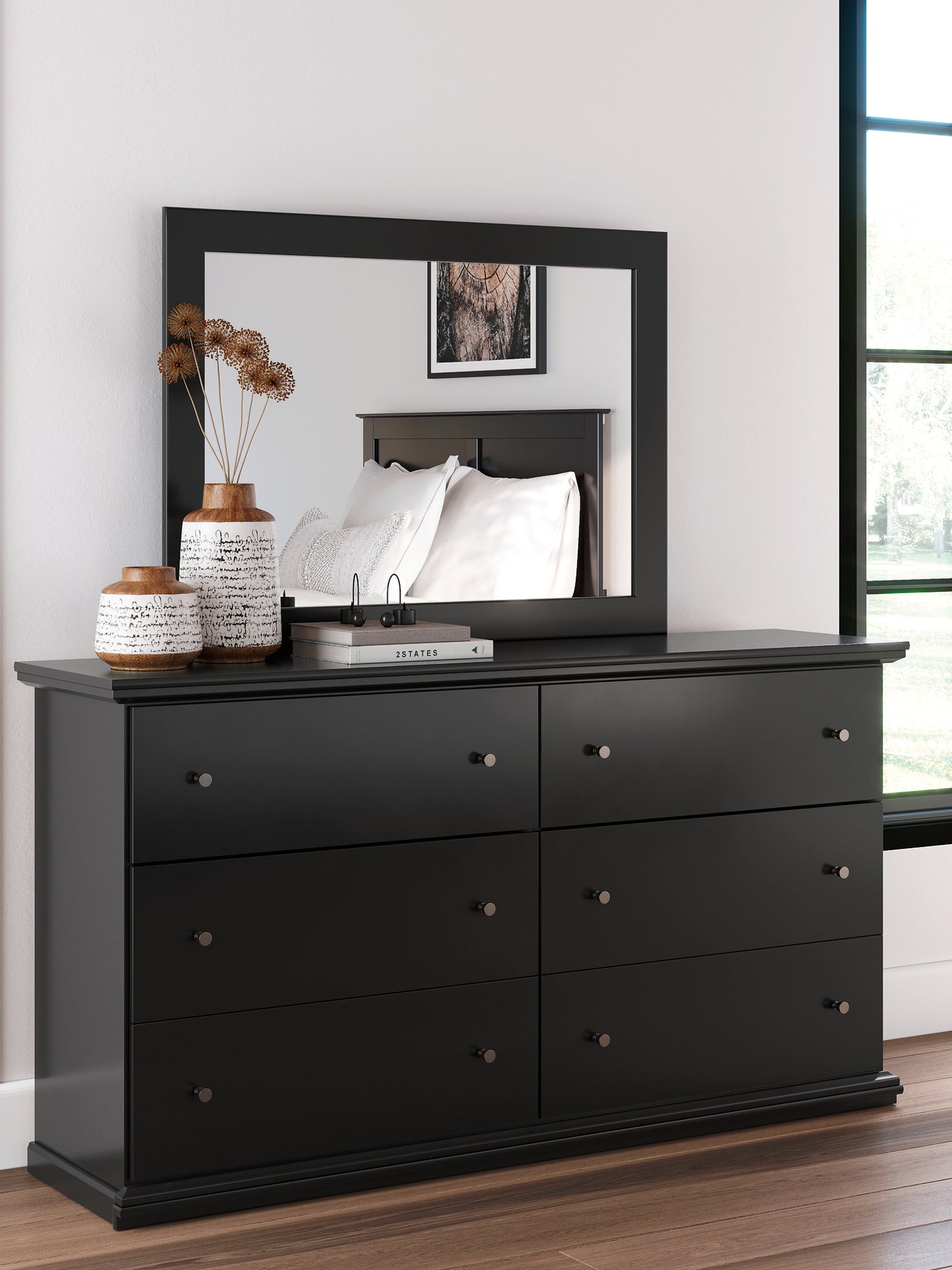Maribel Full Panel Bed with Mirrored Dresser and Chest
