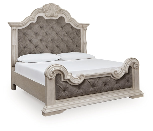 Bruchandi King Upholstered Panel Bed with Mirrored Dresser and Nightstand