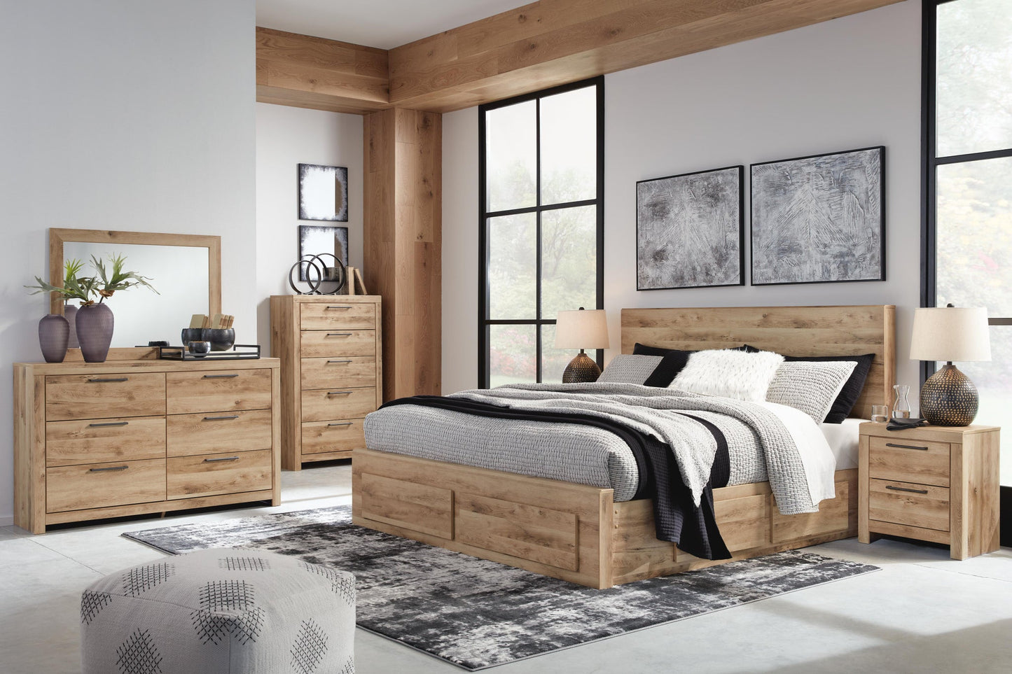 Hyanna Queen Panel Storage Bed with 1 Under Bed Storage Drawer, Dresser, Mirror, Chest and Nightstand