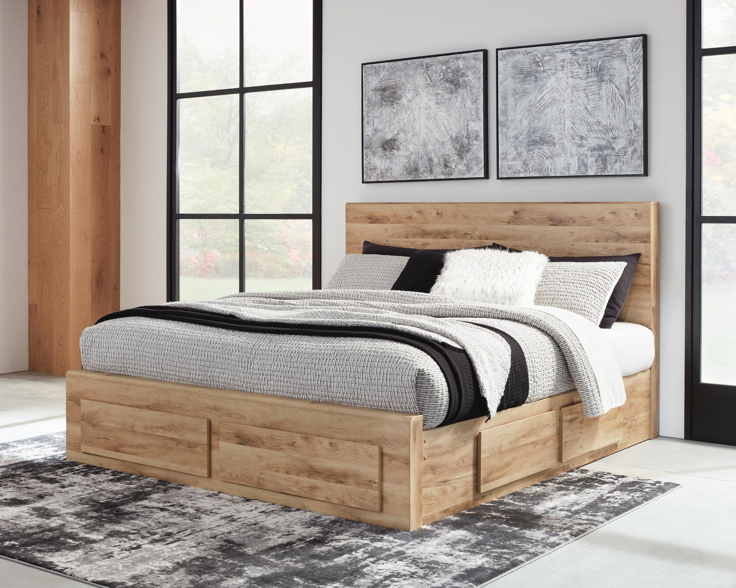 Hyanna Queen Panel Storage Bed with 1 Under Bed Storage Drawer, Dresser, Mirror and Nightstand