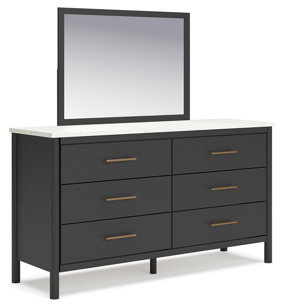 Cadmori Full Upholstered Panel Bed, Dresser and Mirror