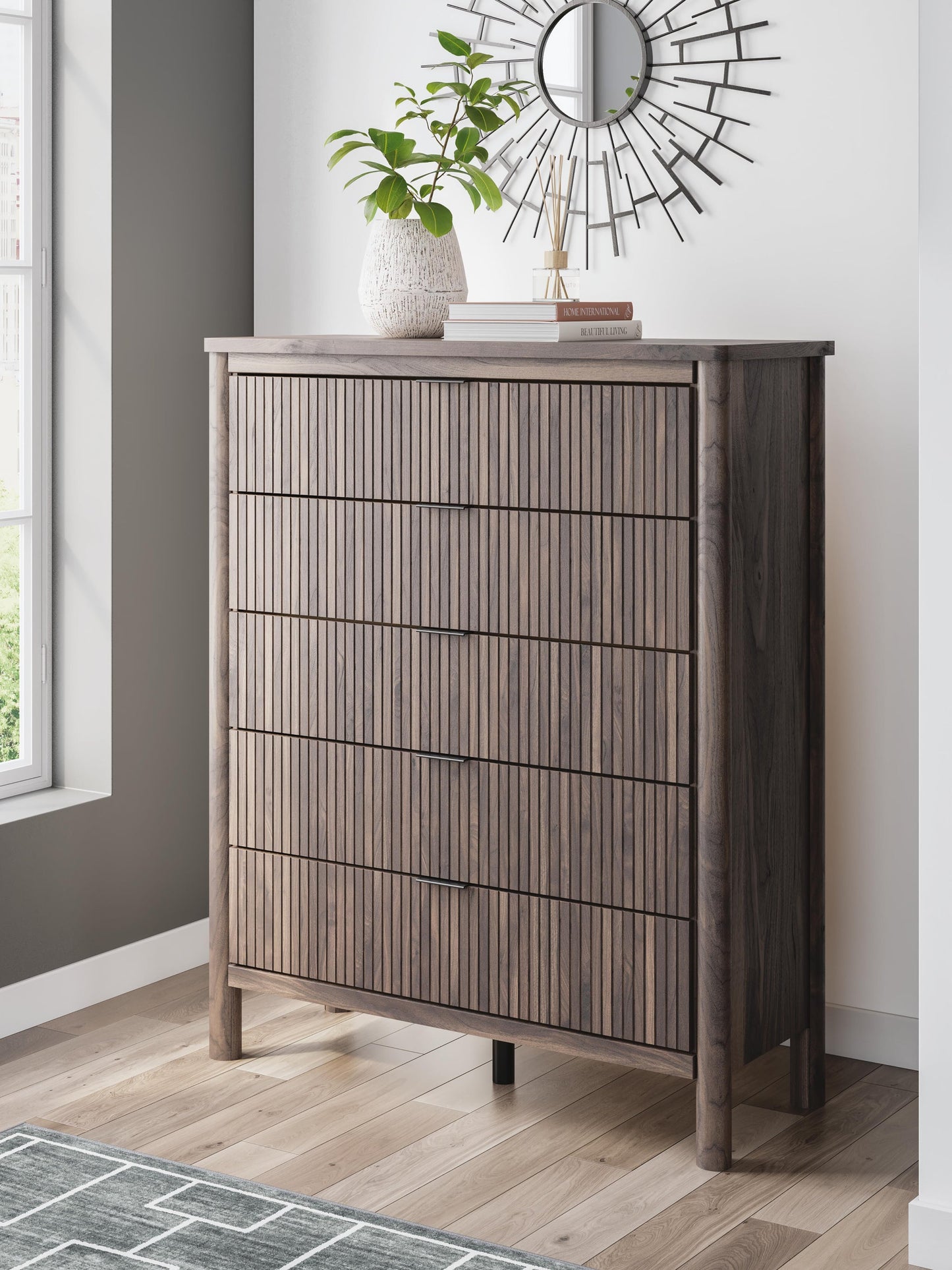 Pamytta Queen Upholstered Panel Platform Bed, Dresser, Mirror, Chest and Nightstand