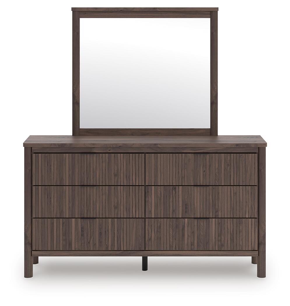Pamytta Queen Upholstered Panel Platform Bed, Dresser and Mirror