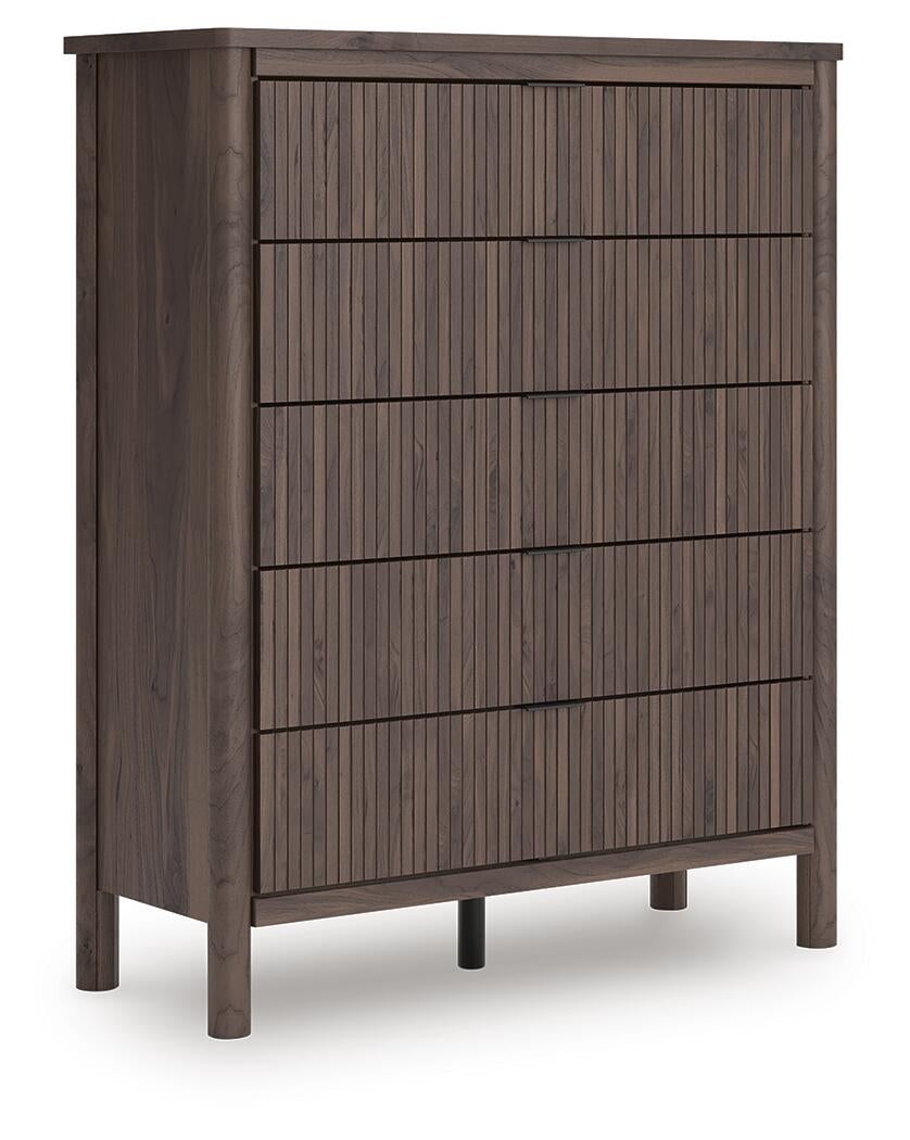 Pamytta Twin Upholstered Panel Platform Bed, Dresser, Mirror, Chest and Nightstand