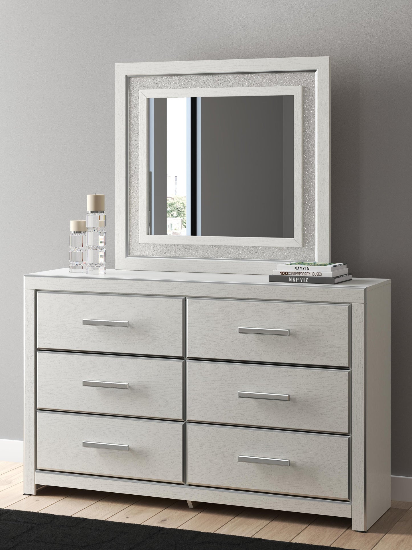 Zuraleus Queen Upholstered Panel Platform Storage Bed, Dresser and Mirror