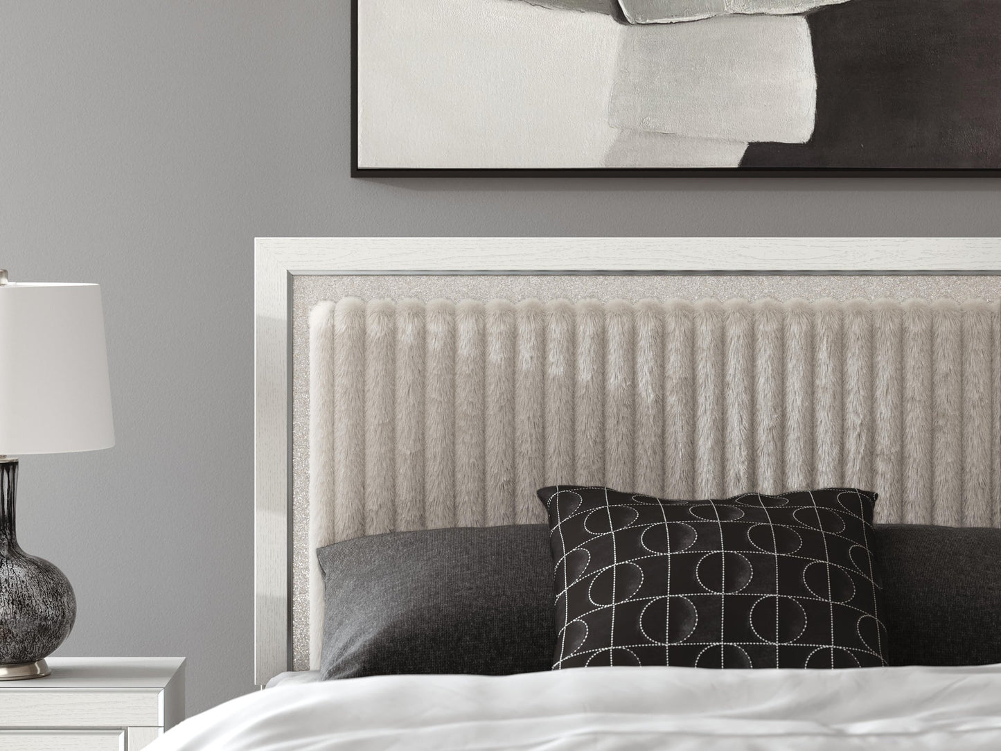 Zuraleus Queen Upholstered Panel Platform Bed, Dresser and Mirror