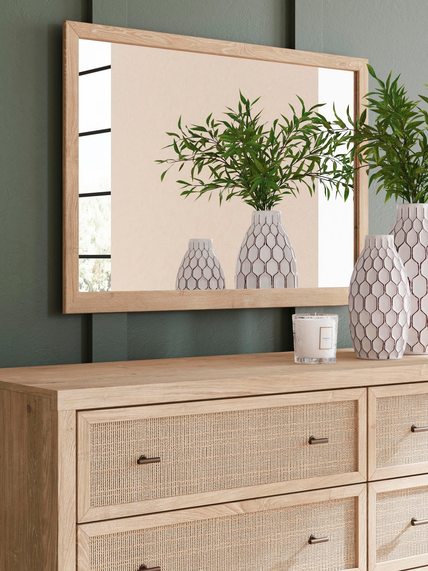 Cielden Queen Upholstered Bed with Roll Slats, Dresser, Mirror and Nightstand